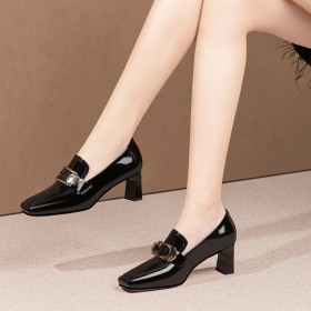 With Metal Jewelry Loafers Beautiful Business Casual Mid Heels Block Heel Patent Leather With Rhinestones Office Shoes
