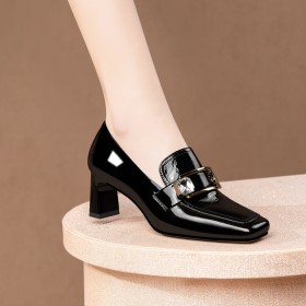 With Metal Jewelry Loafers Beautiful Business Casual Mid Heels Block Heel Patent Leather With Rhinestones Office Shoes