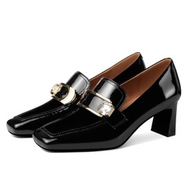 With Metal Jewelry Loafers Beautiful Business Casual Mid Heels Block Heel Patent Leather With Rhinestones Office Shoes