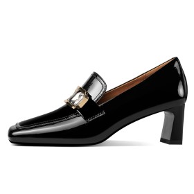 With Metal Jewelry Loafers Beautiful Business Casual Mid Heels Block Heel Patent Leather With Rhinestones Office Shoes