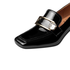 With Metal Jewelry Loafers Beautiful Business Casual Mid Heels Block Heel Patent Leather With Rhinestones Office Shoes