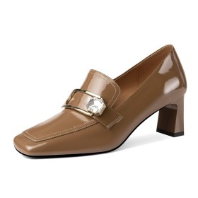 Loafers Brown Natural Leather Mid Heel Office Shoes Patent Leather Chunky Buckle Block Heels