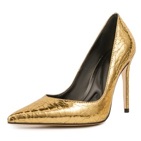 Metallic Pumps 4 inch High Heel Patent Leather Gold 2024 Pointed Toe Stilettos