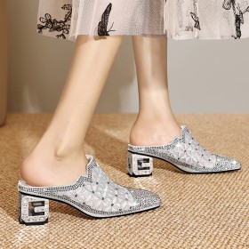 Scarpe Da Cerimonia Con Strass Lettera Sandali Con Tacco Basse Mules Comode Pelle Moda Tacchi Largo Tulle