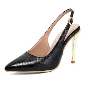Talon Haut 10 cm Vernis Chaussures Femme Habillées Escarpin Noire Sexy Slingback Talon Aiguille Python