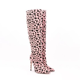 Fur Knee High Boots Fur Lined High Heel Faux Leather Fluffy Leopard Stiletto Cute
