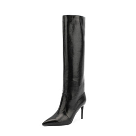 Pointed Toe Faux Leather Fur Lined Black Classic Tall Boot Stiletto Heels Knee High Boots For Women 9 cm High Heels