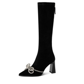Chunky Comfort Fur Lined Leather Going Out Shoes Sock 8 cm High Heels Black Stretchy Pointed Toe Knee High Boot For Women