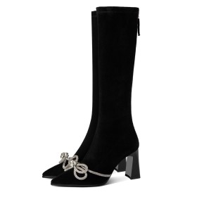 Mode Hohe Stiefel Wildleder Schwarz Mit Blockabsatz Gefütterte Kniehohe Stiefel Herbst Socken Absatzschuhe 8 cm High Heels