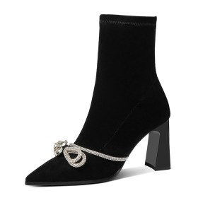 Booties Black Leather Stiletto Heels 3 inch High Heel Sock Elegant Fur Lined Stretch Suede