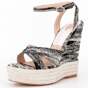 Peep Toe Comfort Stylish Beach Footear With Ankle Strap Espadrilles Belt Buckle 6 inch High Heeled Linen Sandals Strappy Wedges