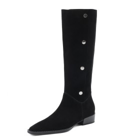 Pointed Toe Mid Calf Boots For Women Fur Lined Studded Flats Vintage Leather Comfort