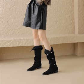 Pointed Toe Mid Calf Boots For Women Fur Lined Studded Flats Vintage Leather Comfort