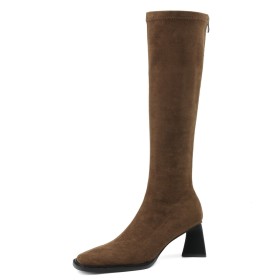 Sock Faux Leather Suede Knee High Boots For Women Tall Boots 7 cm Heel Classic Vintage Chunky Block Heels