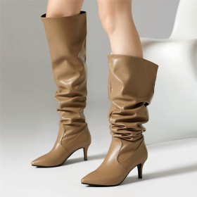 Bottes Hautes Plissées Tombantes À Talon Vernis Bout Pointu Cuir Femme