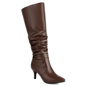 Classic Going Out Shoes Slouch Knee High Boots Mid Heel Stretch Pointed Toe Faux Leather Stilettos Tall Boots