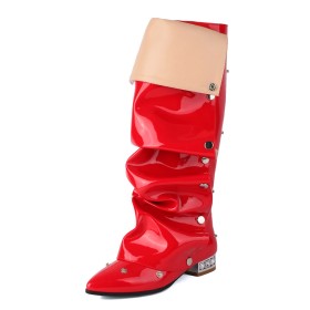 Fur Lined Red Flat Shoes Knee High Boots Metallic