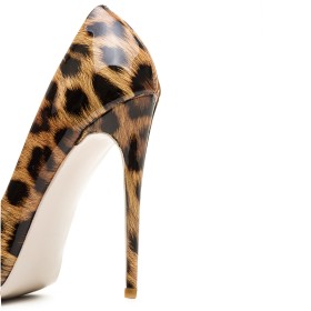 A Talon Haut 12 cm Habillé Chaussure Femme Leopard Marron Escarpin Talon Aiguille Vernis Bout Pointu