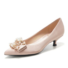 Champagne Slip On 1 inch Low Heel Formal Dress Shoes Wedding Shoes For Women Pumps Pointed Toe Beautiful Kitten Heel
