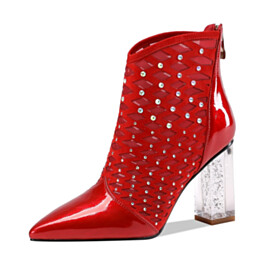 Bottine Femme Rouge Chaussure De Soirée Daim Bottines D Été Filet Avec Strass Brillante À Talon Moderne Talon Carré