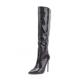 Knee High Boot For Women Going Out Shoes Faux Leather Patent Leather Tall Boots 12 cm High Heels Snake Printed Fur Lined