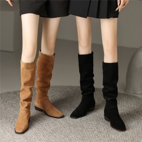 Flat Shoes Classic Vintage Fur Lined Leather Tall Boot Suede Slouch Knee High Boot For Women