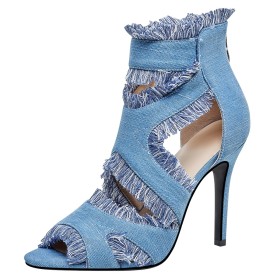 10 cm High Heel Hellblau Mit Fransen Stiletto Spitz Sandaletten Mode Denim Peeptoe Stiefeletten
