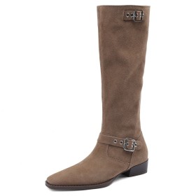 Tacchi Basso 4 cm Comode Beige Inverno Stivali Tacco Largo Punta Chiusa Classiche Camoscio Morbidi A Punta Cowboy Boots