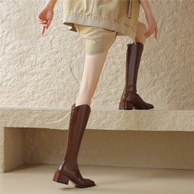 Block Heels Leather Vintage Low Heeled Fur Lined Classic Chunky Heel Knee High Boot Closed Toe