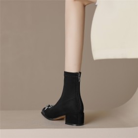 Talons Epais Fermeture Éclair Daim Boucle Chaine Talon Carré Bottines Femme Cuir Habillées Fourrées Chaussette Talon Bas Confortable