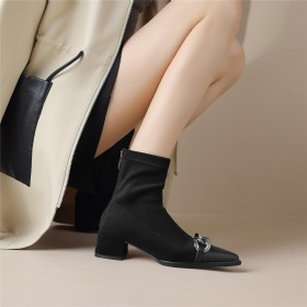 Talons Epais Fermeture Éclair Daim Boucle Chaine Talon Carré Bottines Femme Cuir Habillées Fourrées Chaussette Talon Bas Confortable