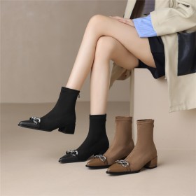 Talons Epais Fermeture Éclair Daim Boucle Chaine Talon Carré Bottines Femme Cuir Habillées Fourrées Chaussette Talon Bas Confortable