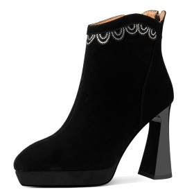 Block Heels Suede Ankle Boots Elegant Fur Lined Rhinestones Classic Black 10 cm High Heels Platform