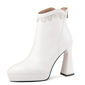 Classic White Platform Chunky Heel High Heels Ankle Boots For Women Zipper 2023 Leather Pointed Toe Block Heels
