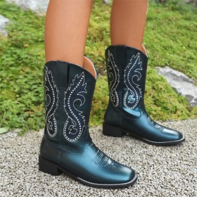 Casual Vintage Cowboy Boots Tacchi Basso 4 cm In Vernice Ricamati Tacco Largo Ecopelle Stivali Donna