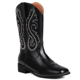 Zwarte 4 cm Lage Hakken Comfortabele Halfhoge Laarzen Cowboy Boots Dames Vintage