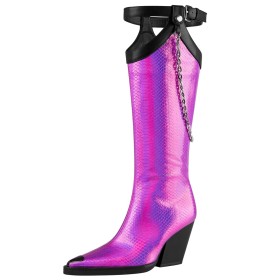 Embossed Snake Printed Chunky Heel Hot Pink Knee High Boot 3 inch High Heeled Belt Buckle Casual Pointed Toe Tall Boots Block Heel Gradient