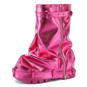 Habillées Brillante Replié Plateforme Fermeture Éclair Plissées Tombantes Femme Bottes Mi Mollet Femme Plate