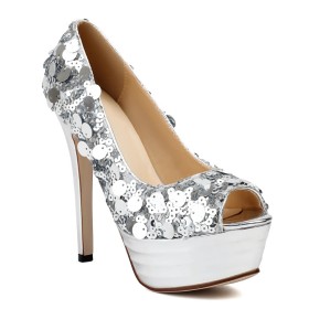 Formal Dress Shoes Sparkly Stiletto Heels Sequin Platform Peep Toe High Heels Pumps