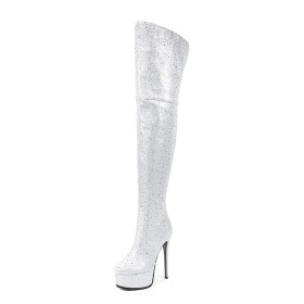 Glitter Plateau Ronde Neus Naaldhakken Met Steentjes Super Hoge Hak Overknee Boots Mode Laarsjes dames