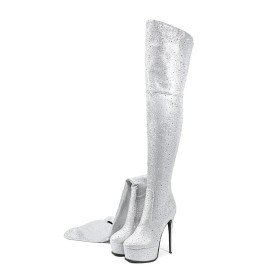 Going Out Shoes Stiletto Super High Heels Platform Round Toe Tall Boots Stylish Glitter Faux Leather Thigh High Boots