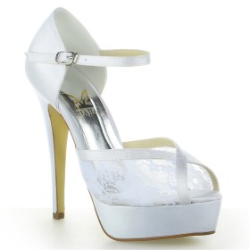 Peep Toe White Dress Shoes Ankle Strap Wedding Shoes For Women Lace 5 inch High Heel Elegant