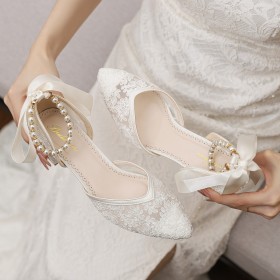 Cinturino Alla Caviglia Fiori Tacco Medio Bianchi Pizzo Scarpe Da Sera Cerimonia Con Fiocco Tacchi Largo Con Perle Sandalo Scarpe Da Sposa Eleganti
