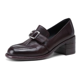 Instappers Dames Leer Middelhoge Hakken Dames Schoenen Blok Hak Vintage