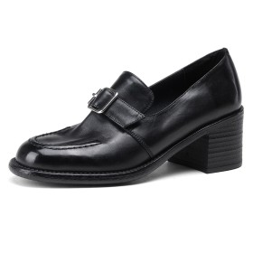 Vintage A Talon 6 cm Talons Epais Noir Loafers Cuir Chaussures Ceremonie Talon Carré Chaussures Femme Moderne