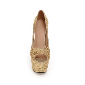 Moderne Peeptoe Gold Stilettos Pumps Schuhe Ballschuhe 15 cm High Heels