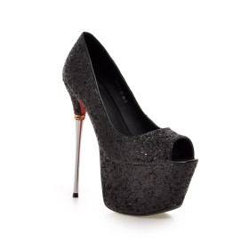 Black Slip On Pumps Stilettos Red Bottom Sparkly Sequin 6 inch High Heeled Open Toe Modern Evening Shoes