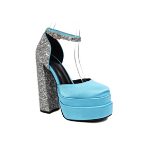 Sparkly Glitter Chunky Heel Platform 6 inch High Heel Womens Sandals With Ankle Strap Dressy Shoes Light Blue Block Heels