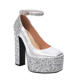 Glitter Sparkly Dress Shoes Platform Sandals 6 inch High Heel Block Heels Chunky Beautiful Fashion Evening Party Shoes