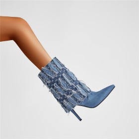 Stiletto Heels Denim 4 inch High Heel Booties Light Blue Fringe